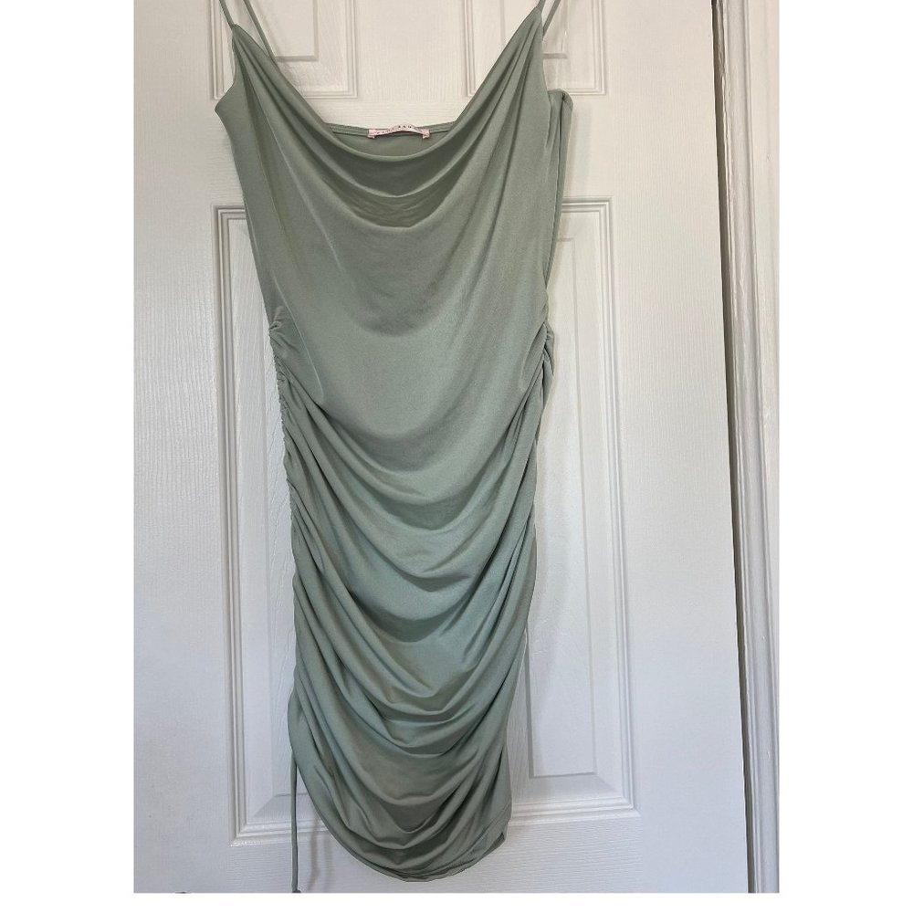 BLUE BLUSH DRAWSTRING RUCHED SIDE RIB-KNIT / BODYCON LIGHT GREEN DRESS  | NEW